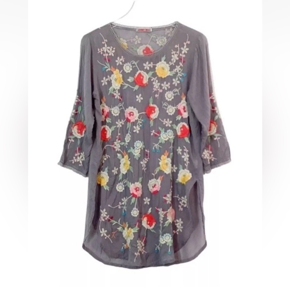 JOHNNY WAS Playa Tunic Women’s Large Gray Embroidered Top Rayon Blouse Boho